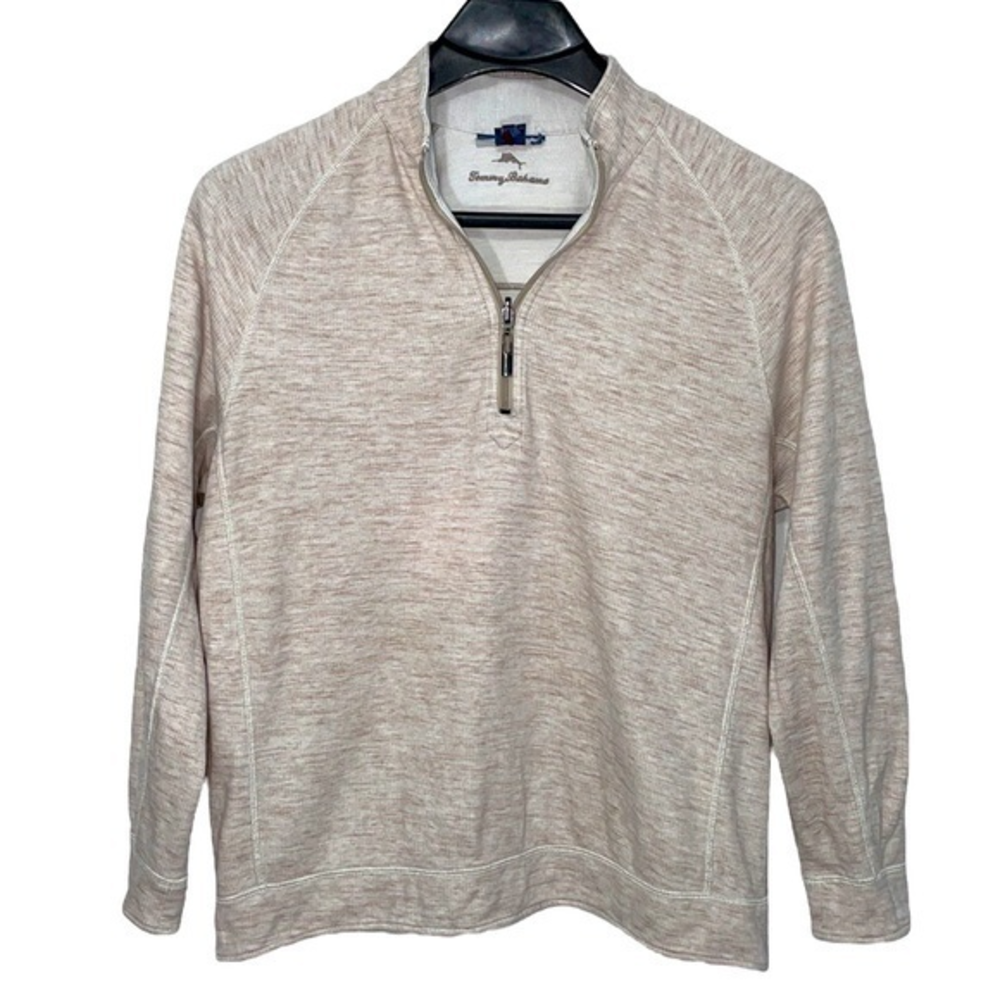 Tommy Bahama men’s Large beige‎ & cream reversible 1/4 zip long sleeve pullover.